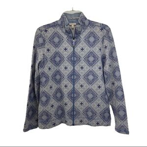 Talbots French Terry Zip Up Jacket Petite Small Blue Geometric Mock Neck Cotton